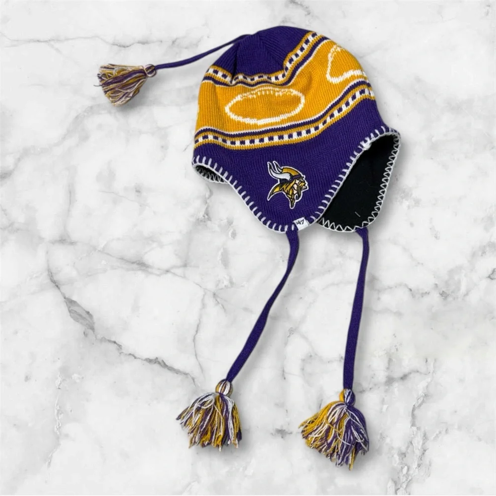 47 Brand Minnesota Vikings purple & gold braided tassel knit hat ear flaps youth